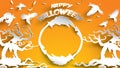 Halloween background with haunted tree, crow and broomstick in paper art carving style. banner, poster, Flyer or invitation templa