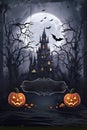 Halloween background illustration - mystery castle, pumpkin jack lanterns and full moon in horror night. Dark scary tree