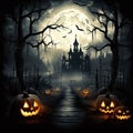 Halloween background illustration - mystery castle, pumpkin jack lanterns and full moon in horror night. Dark scary tree Royalty Free Stock Photo