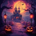 Halloween background illustration - mystery castle, pumpkin jack lanterns and full moon in horror night. Dark scary tree Royalty Free Stock Photo