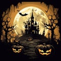 Halloween background illustration - mystery castle, pumpkin jack lanterns and full moon in horror night. Dark scary tree