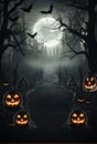 Halloween background illustration - mystery castle, pumpkin jack lanterns and full moon in horror night. Dark scary tree