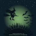 Halloween background. image of flying over the forest witch on a broomstick and bats