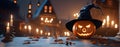 Halloween background image at night with a castle background, Ai generated. Royalty Free Stock Photo