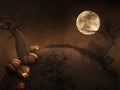 Halloween background with jack o lantern, graveyard and dead tree in spooky cemetery Royalty Free Stock Photo