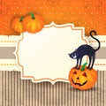 Halloween background with label, pumpkins and cat Royalty Free Stock Photo