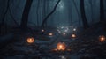 Halloween Background with Lanterns in Dark Forest in Spooky Night. Halloween Design in Magical Forest Royalty Free Stock Photo
