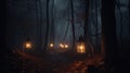 Halloween Background with Lanterns in Dark Forest in Spooky Night. Halloween Design in Magical Forest Royalty Free Stock Photo