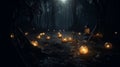 Halloween Background with Lanterns in Dark Forest in Spooky Night. Halloween Design in Magical Forest Royalty Free Stock Photo