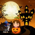 Halloween background with little girl in basket pumpkin and kitten witch Royalty Free Stock Photo