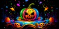 Halloween background, many colorful jack o lanterns pumpkins different scary carved faces pattern.