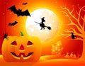 Halloween Background - Midnight scene witches on a broomstick, pumpkins