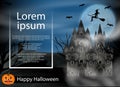 Halloween background night with flying young witch to background full moon above castle and pumpkin. Vector Royalty Free Stock Photo