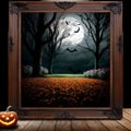 Halloween Background At Night Forest with Moon. Frame Halloween Pumpkins on wood. Generative ai. Ai generated Royalty Free Stock Photo