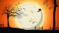Halloween background, night landscape with big yellow full moon, old trees and witches in the sky Royalty Free Stock Photo