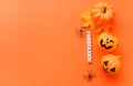 Halloween background orange decorated holidays festive concept / spider and jack o lantern pumpkin halloween decorations for party