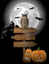 Halloween background with owl, pumpkins, wooden sign, haunted house and full moon Royalty Free Stock Photo