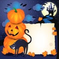 Halloween background with parchment, cat and pumpkins Royalty Free Stock Photo