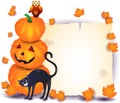 Halloween background with parchment, pumpkin, cat isolated on white Royalty Free Stock Photo