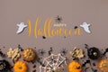 Halloween background with decorations from pumpkins, bats, spider web and ghosts top view. Holiday greeting card Happy halloween Royalty Free Stock Photo