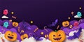 Halloween background for party invitation, greeting card, web banner or Sales with candies, cutest pumpkins, bats and ghosts Royalty Free Stock Photo