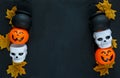 Halloween background with pattern of jack lanterns on black background. creative decoration, celebration, autumn