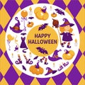 Halloween background poster. Vector circle shape frame with pumpkin Royalty Free Stock Photo