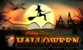 Halloween background. Poster with Young witch flying on a broomstick on the background of a full moon over the graveyard with