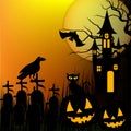 Halloween background with pumpkin, black cat and haunted house for Halloween party. Vector illustration Royalty Free Stock Photo