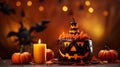 Halloween background with pumpkin and cake. Funny Halloween cakes for party.
