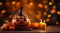 Halloween background with pumpkin and cake. Funny Halloween cakes for party.