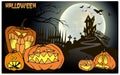 Halloween background, pumpkin, castle and bat. Greeting card