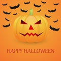 Halloween background with pumpkin and flying bat. Royalty Free Stock Photo