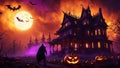 halloween background with pumpkin halloween wallpaper haunted house at night bats Royalty Free Stock Photo