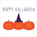 Halloween background, pumpkin with hat. Greeting card happy halloween. Autumn october holidays. Hand lettering vector illustration Royalty Free Stock Photo