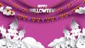 Halloween background with pumpkin, haunted house and full moon in paper art carving style. banner, poster, Flyer or invitation tem Royalty Free Stock Photo