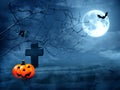 Halloween background. Pumpkin Jack in the cemetery on a creepy, dark night with a full moon. Scary spider on a branch.