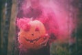 Halloween background. Halloween pumpkin jack o lantern decor with scary faces