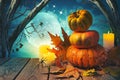 Halloween background with pumpkin on wooden table