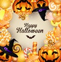 Halloween background with pumpkins and candies