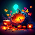 Halloween background with pumpkins, candles and autumn leaves. Vector illustration. Generative AI Royalty Free Stock Photo