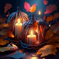 Halloween background with pumpkins, candles and autumn leaves. Vector illustration Generative AI Royalty Free Stock Photo