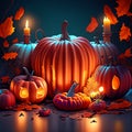 Halloween background with pumpkins, candles and autumn leaves. Vector illustration generative AI Royalty Free Stock Photo