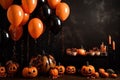 Halloween background with pumpkins, candles and confetti on dark background Royalty Free Stock Photo