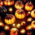 Halloween background. Pumpkins, candles, gloomy atmosphere. Neural network generated art. Digitally generated image. Not