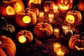 Halloween background. Pumpkins, candles, gloomy atmosphere. Neural network generated art. Digitally generated image. Not