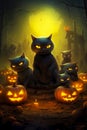 Halloween background with pumpkins and cats in a dark night forest with bright moonlight.
