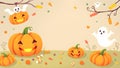 Halloween background with pumpkins, ghosts and candies. Vector illustration. Royalty Free Stock Photo