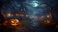 Halloween background with pumpkins and haunted house - 3D render.