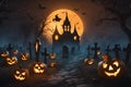 Halloween background with pumpkins and haunted house